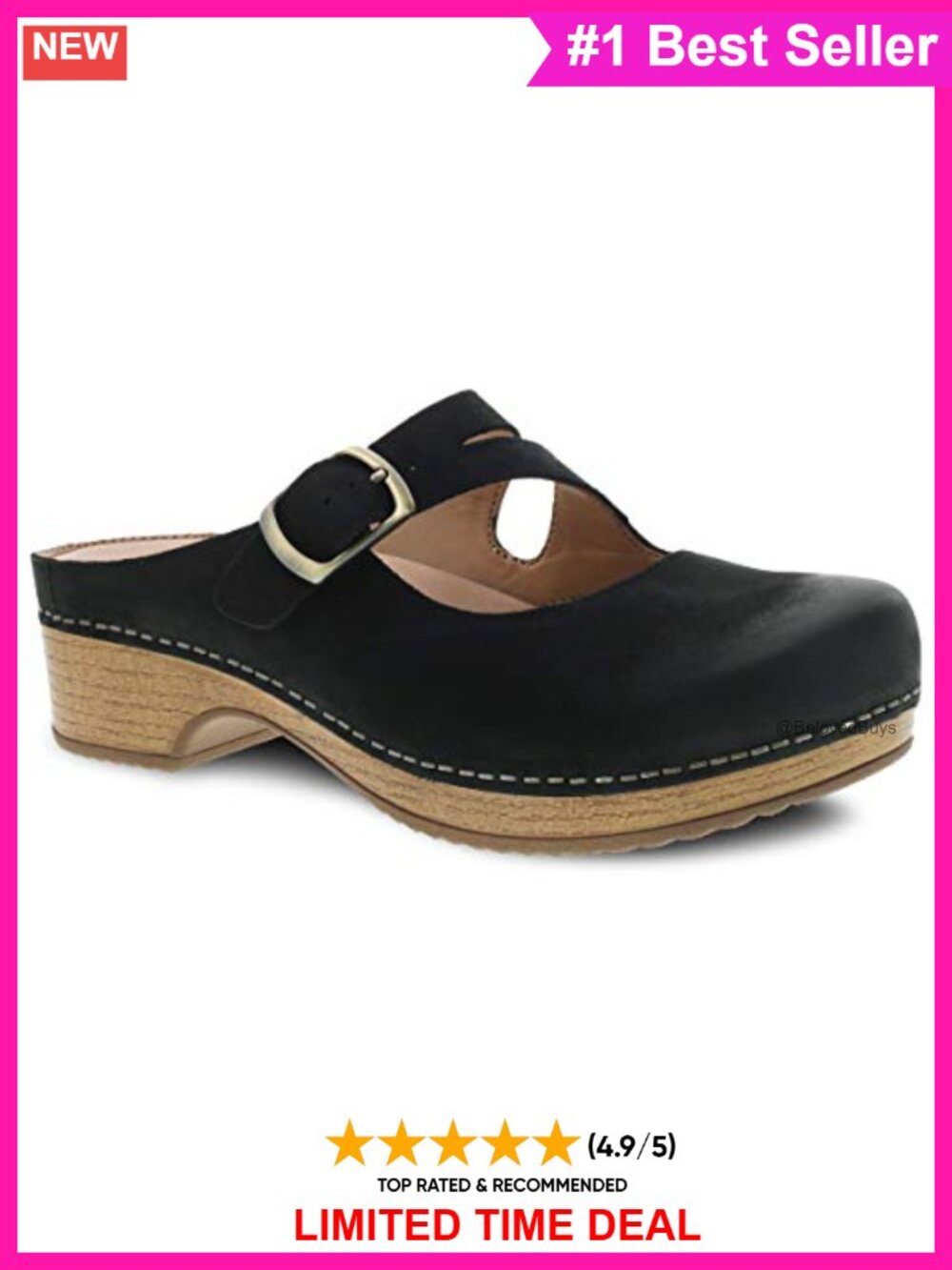 Women's Leather Clog Mule with Memory Foam Buckle Comfort Shoe